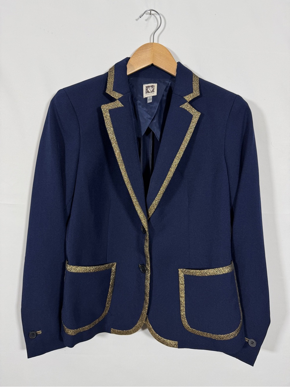 WBZ1 {Anne Klein} Navy Blue Gold Trim Tailored Fit Blazer Suit Coat